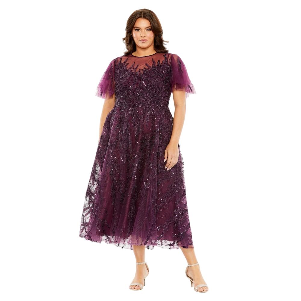 Mac Duggal NWT High Neck Flutter Sleeve A-Line Embellished Dress in Plum Size 16